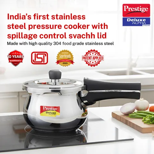  Prestige 1.5 Litre Stainless Steel Deluxe Alpha Svachh Outer Lid Pressure Cooker with Glass Lid | Handi | 10Y Warranty | Deep Lid for Spillage Control | TRIPLY Base | Gas & Induction Compatible | ISI - Alternate View